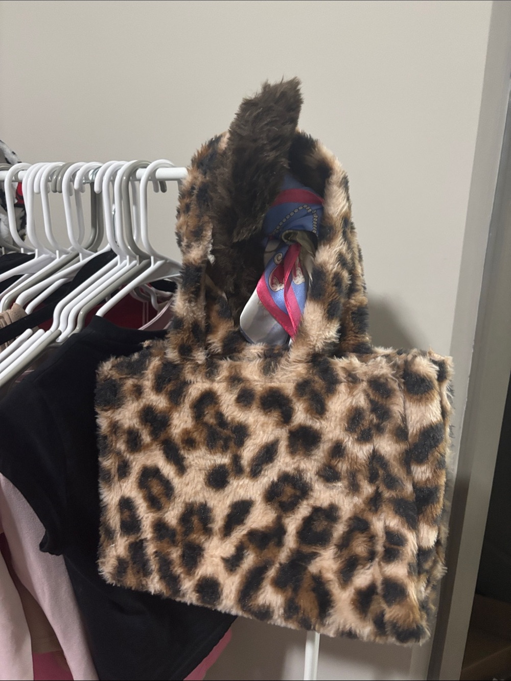 Leopard Print Faux Fur Hooded Tote  - Brown